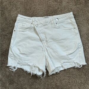 RISEN JEANS Asymmetrical White Denim Shorts Distressed High Rise Size L